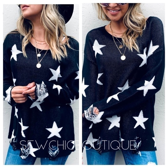 Star Printed Distressed Knit Tunic Sweater - Picture 1 of 7